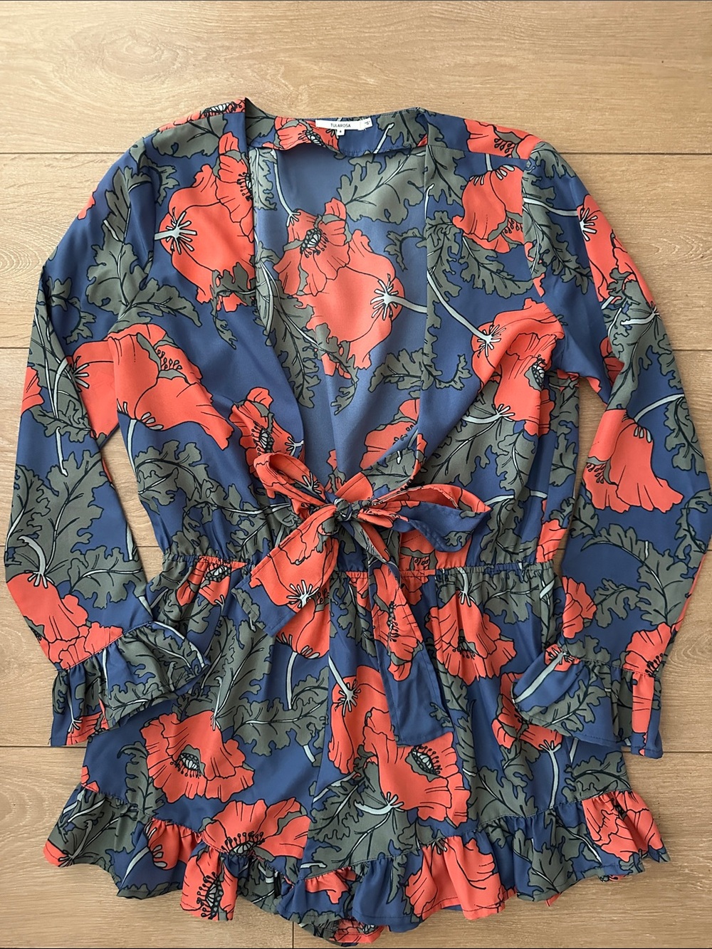 Tularosa Navy Blue Floral Tie-Waist Romper with Coral Poppy Print